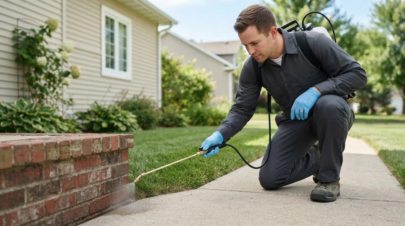 Pest control technician treating a home near Rappahannock Academy, VA